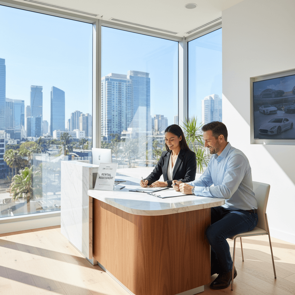 Customer signing rental agreement at car rental desk