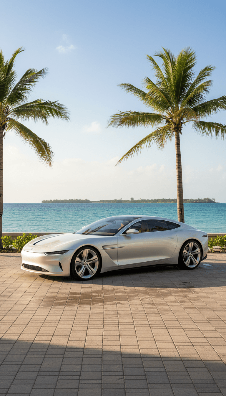 Modern car parked in tropical Curaçao setting with ocean view