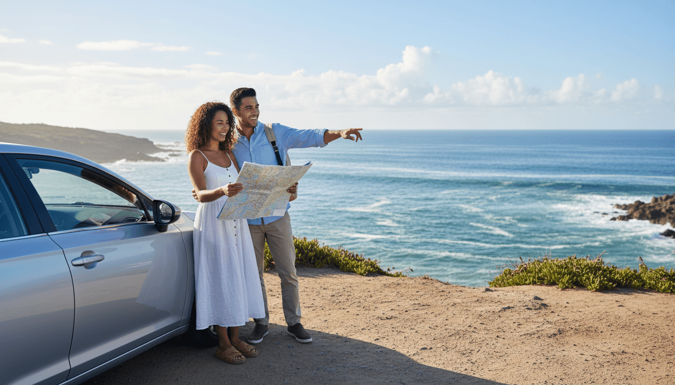 Happy customers standing beside a rental car with Curaçao beach and colorful buildings in the background