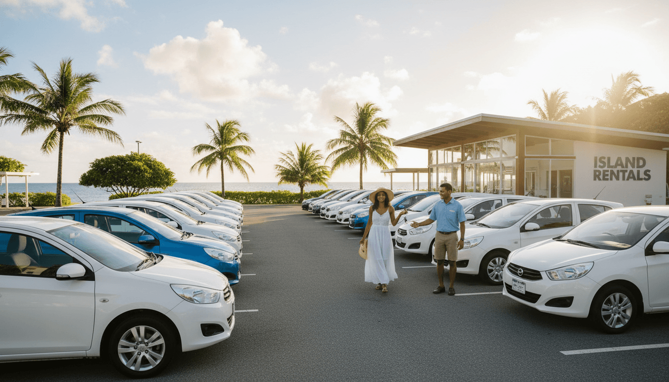 Zhendjo Francisco standing confidently beside a ZyBragaRentACar vehicle in Curaçao